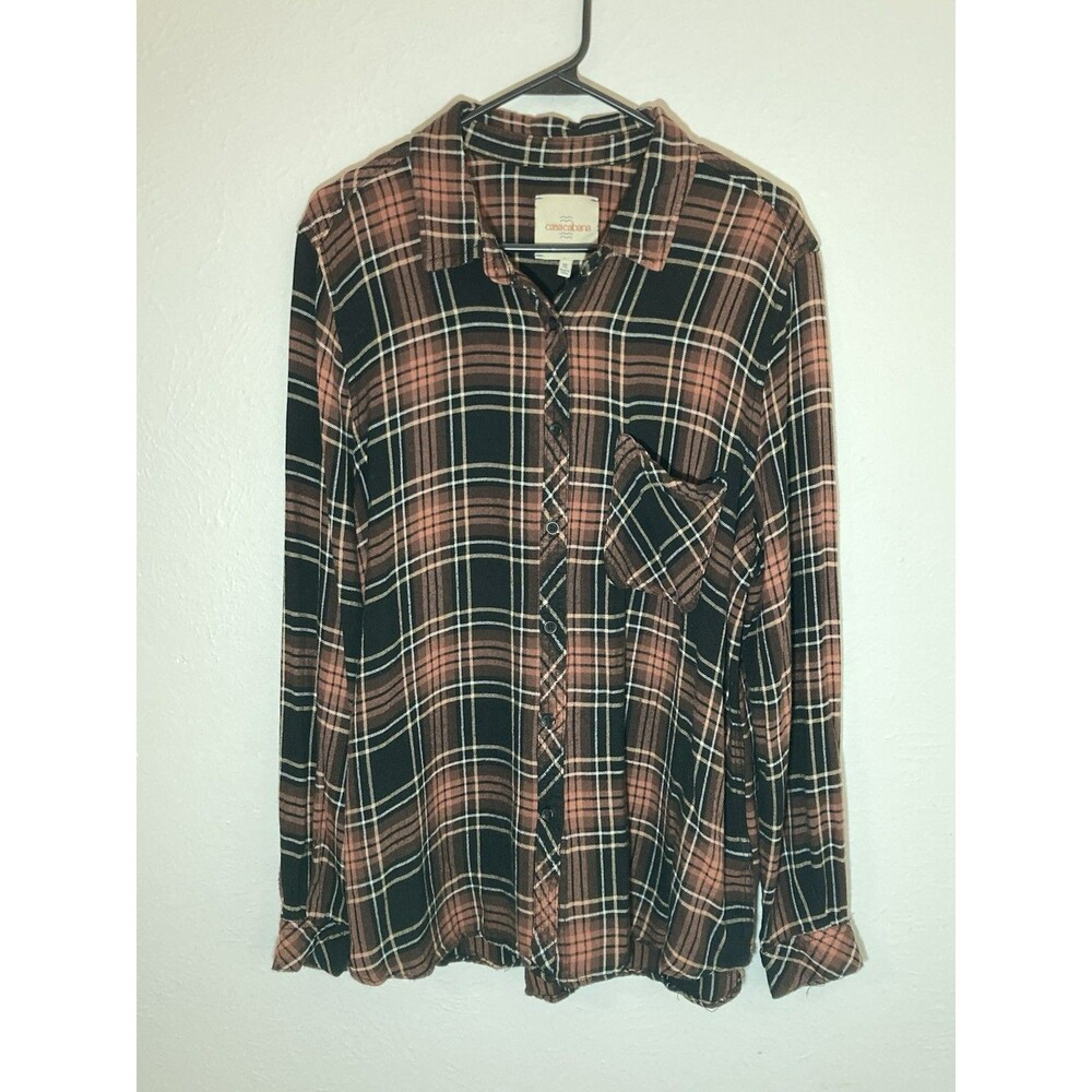 Casacabana Plaid XL ORANGE BLACK Button Up Shirt Long Sleeve Top POCKET